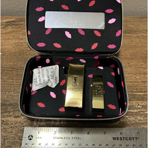 YSL Yves Saint Laurent Travel Zipper Cosmetic Case w/ Primer & Lipstick - New - Picture 4 of 7